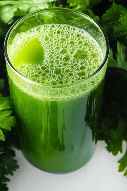 Glass of energizing parsley juice with fresh parsley leaves