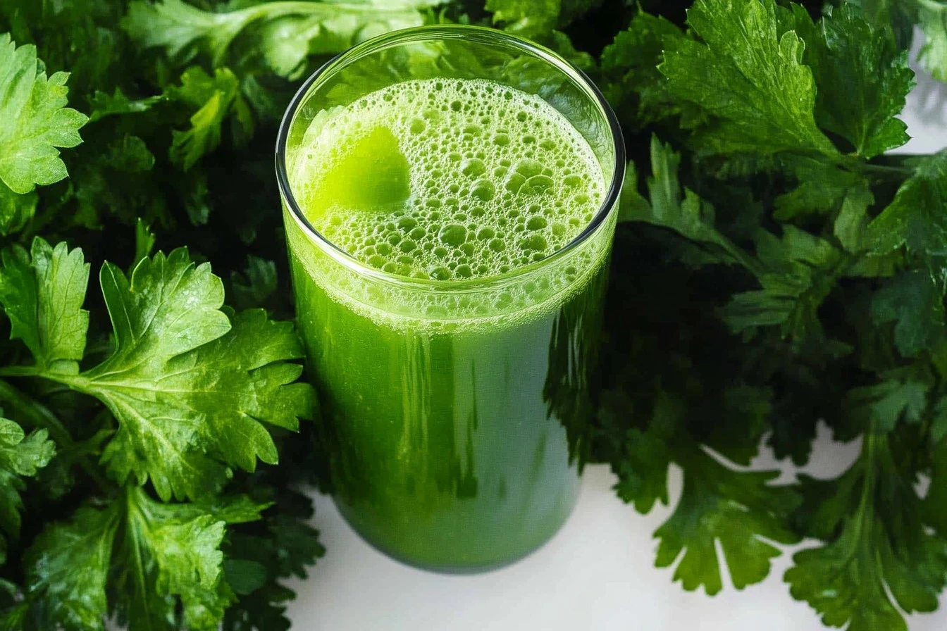 Glass of energizing parsley juice with fresh parsley leaves
