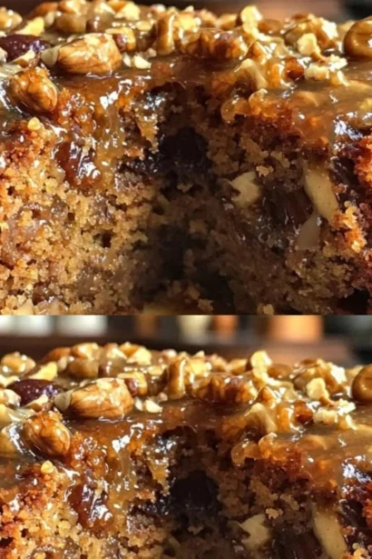 Delicious Walnut and Date Cake topped with walnuts and dates