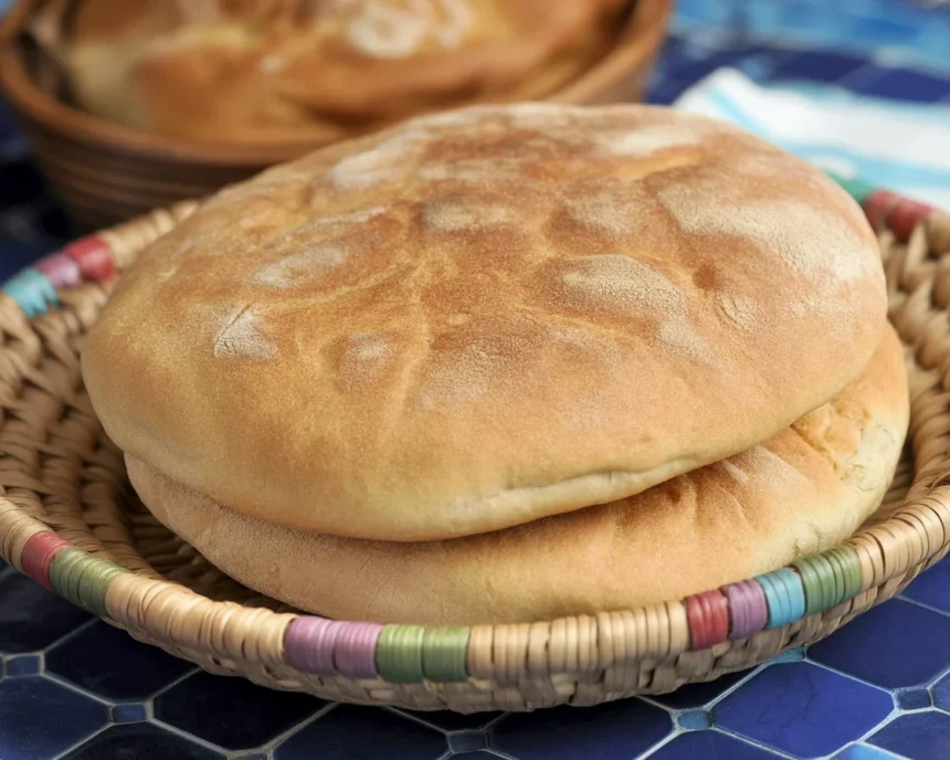 Homemade traditional Moroccan khobz bread, a round, crusty loaf made with flour and water.