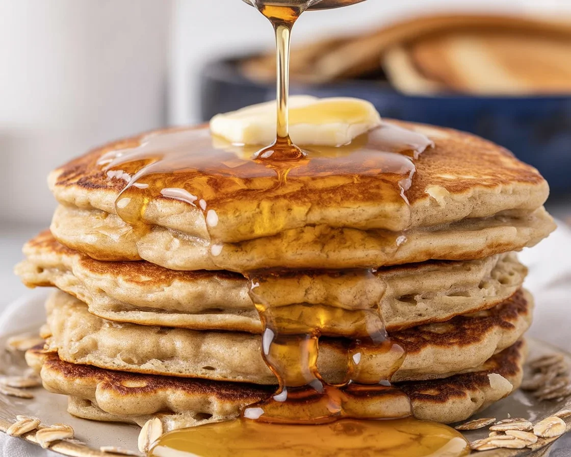 Delicious homemade Honey Oat Pancakes with whole wheat and oats