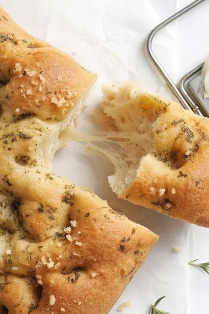 Homemade Garlic and Herb Focaccia Bread topped with garlic and fresh herbs.