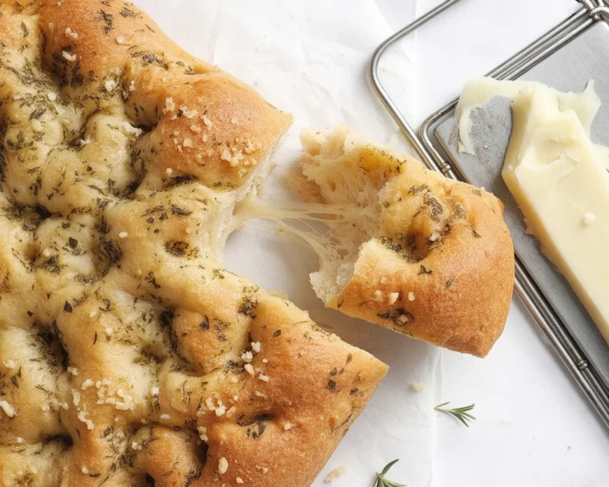 Homemade Garlic and Herb Focaccia Bread topped with garlic and fresh herbs.