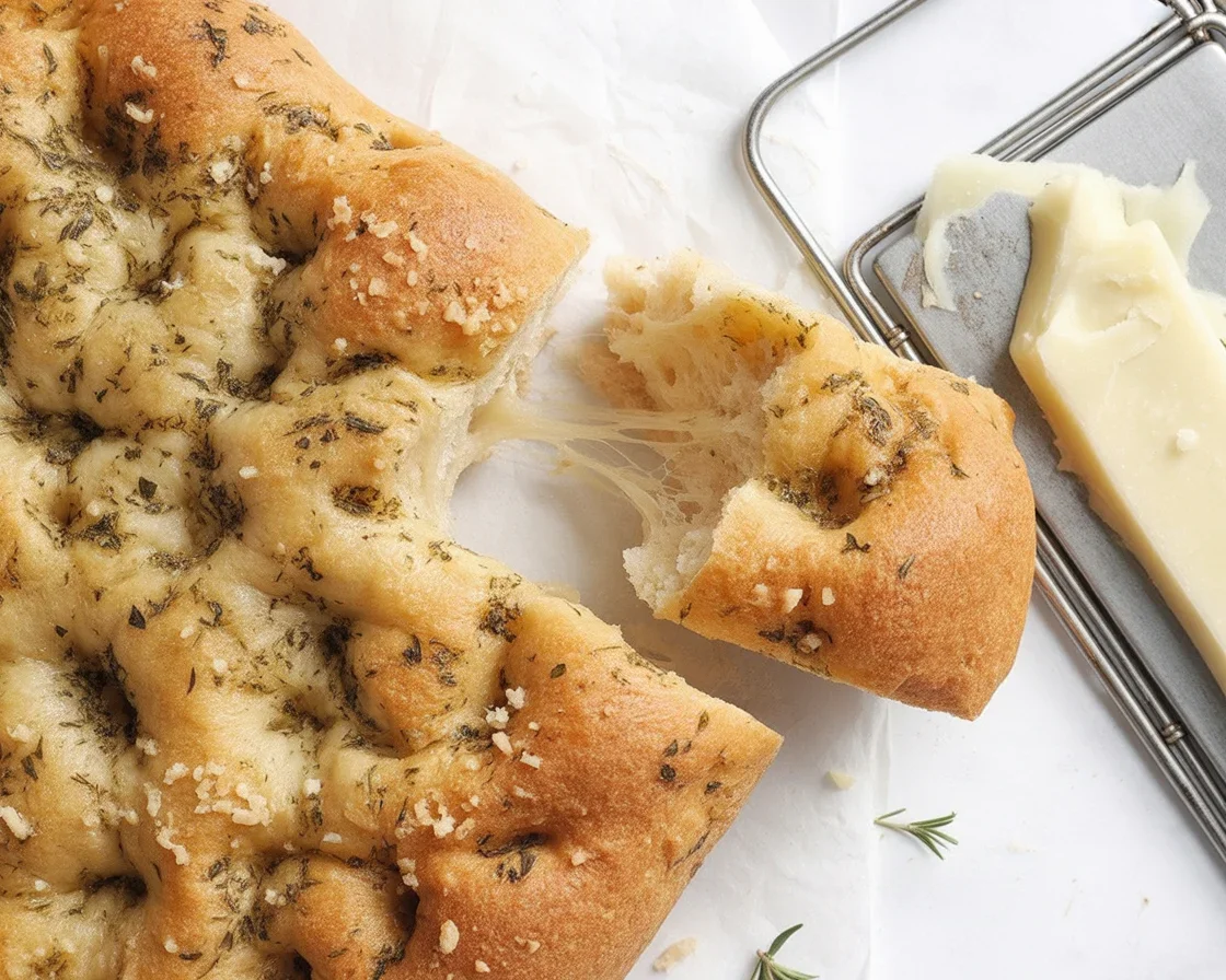 Homemade Garlic and Herb Focaccia Bread topped with garlic and fresh herbs.