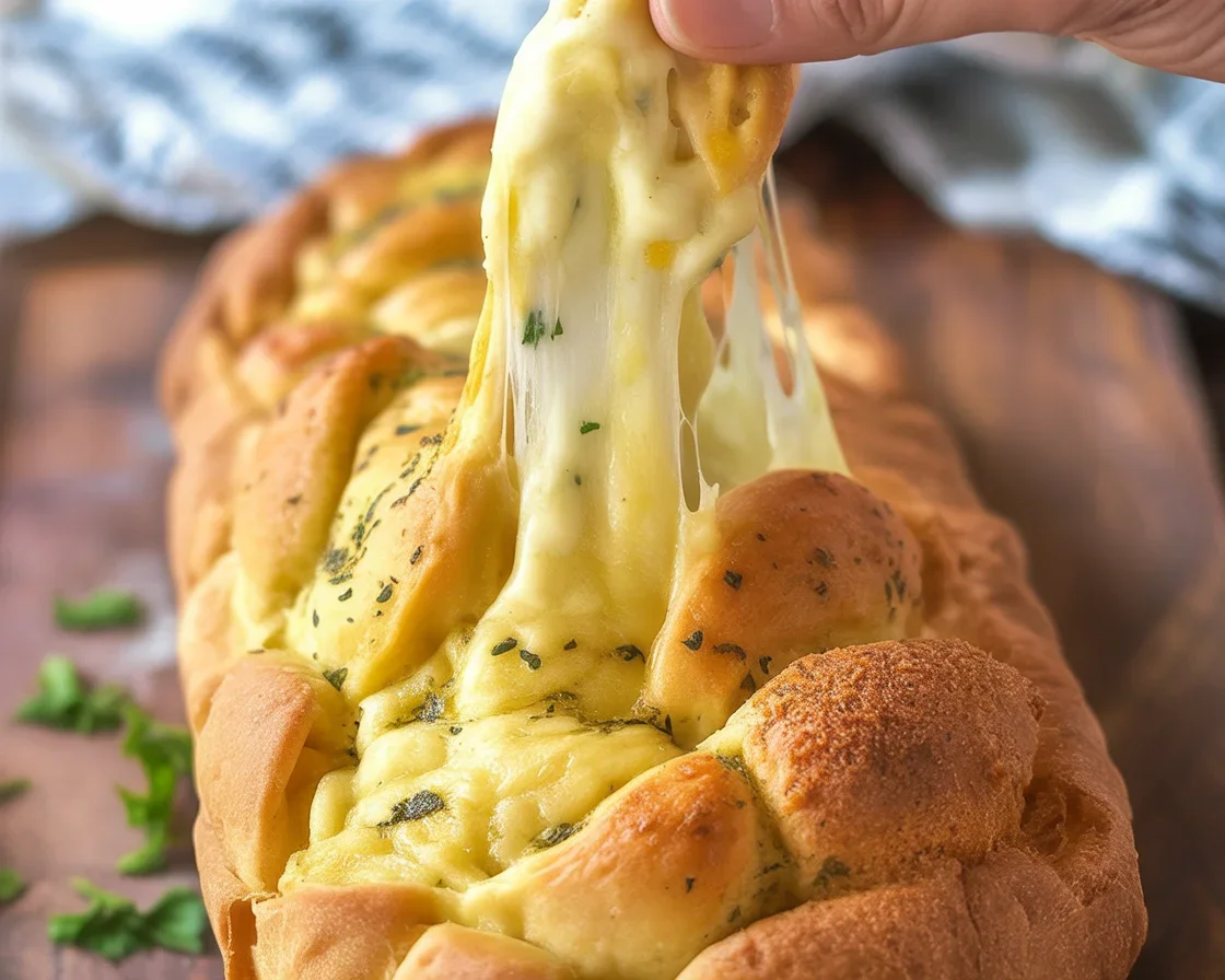 Cheesy pull-apart bread topped with garlic and melted cheese, served warm.