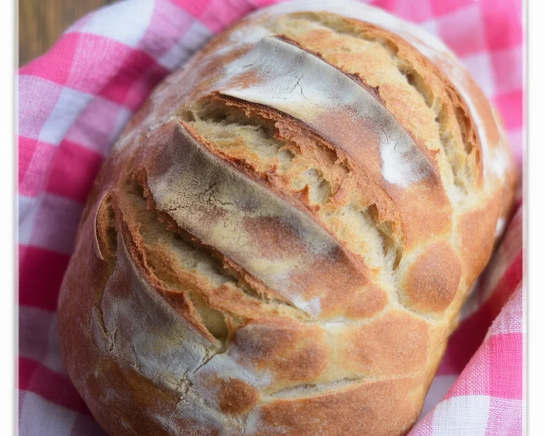 Freshly baked no-knead artisan bread with a crusty exterior and soft interior.