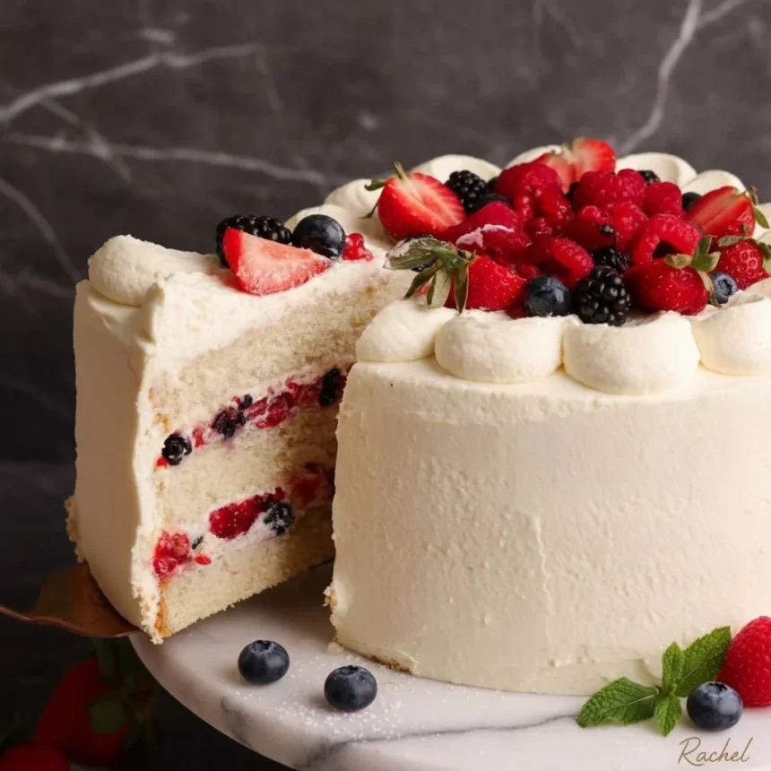 Freshly baked Berry Chantilly Cake with layers of berries and whipped cream