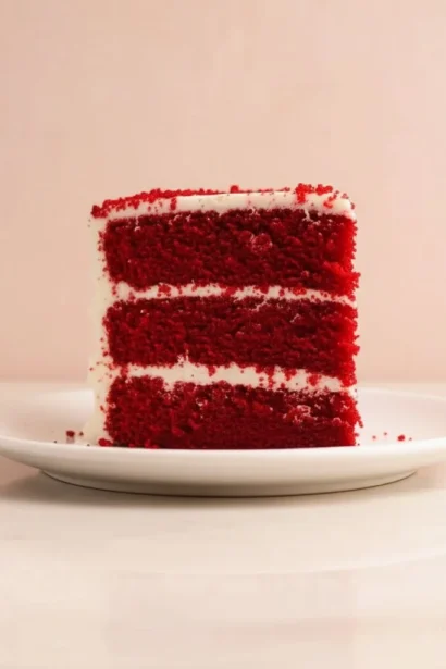Delicious slice of BEST Red Velvet Cake topped with cream cheese frosting.