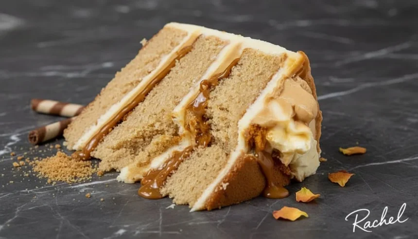 Delicious Biscoff Cake topped with cookie crumbs and caramel drizzle