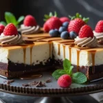 Decadent Brownie Cheesecake slice topped with chocolate ganache and whipped cream