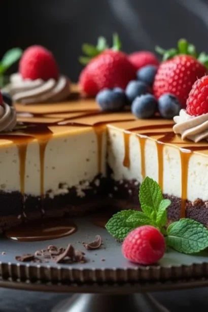 Decadent Brownie Cheesecake slice topped with chocolate ganache and whipped cream