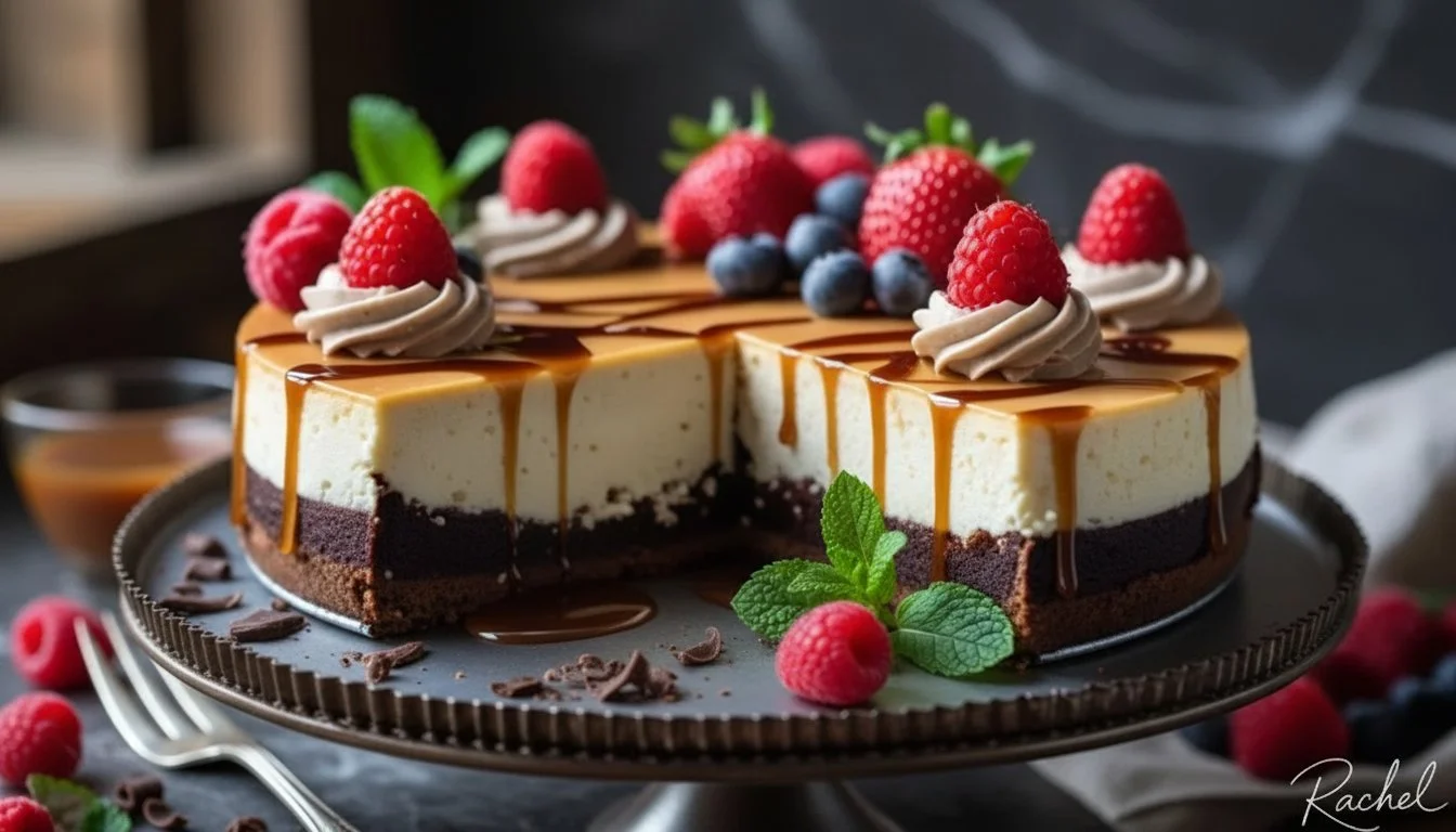 Decadent Brownie Cheesecake slice topped with chocolate ganache and whipped cream
