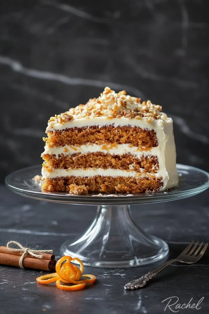 Delicious carrot cake topped with smooth cream cheese frosting
