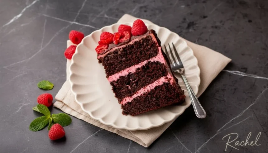 Delicious Chocolate Raspberry Cake topped with fresh raspberries and chocolate shavings