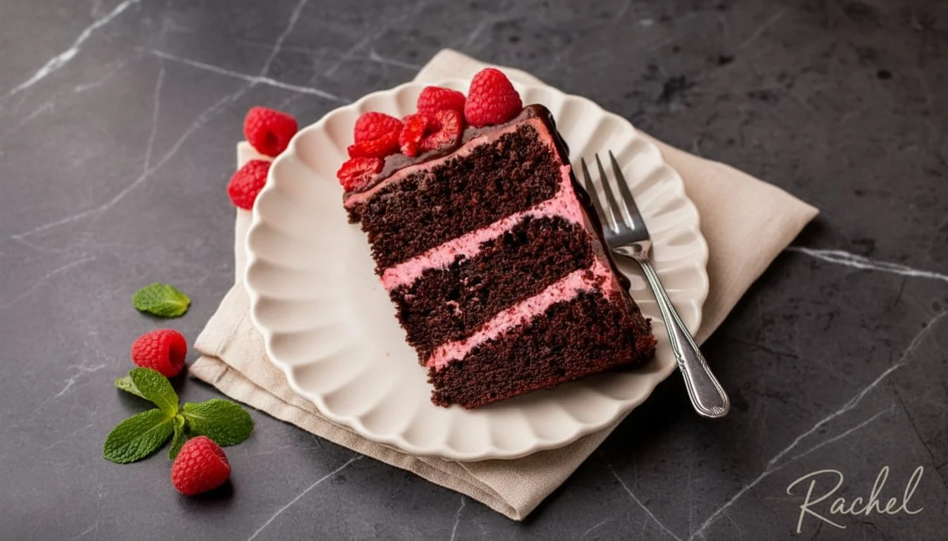 Delicious Chocolate Raspberry Cake topped with fresh raspberries and chocolate shavings