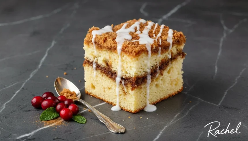 Delicious coffee cake served with a cup of coffee.