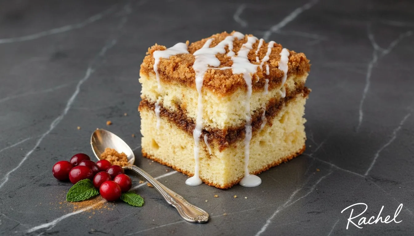 Delicious coffee cake served with a cup of coffee.