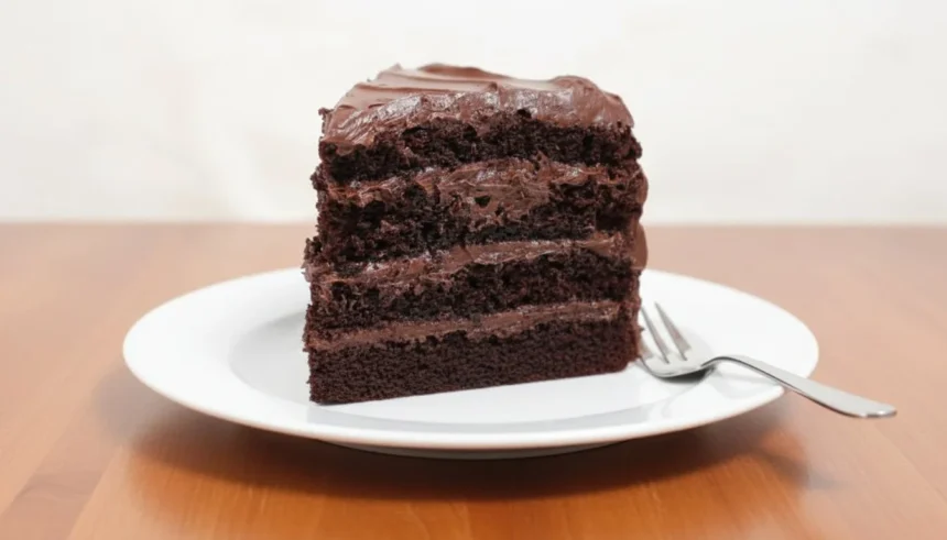 Delicious gluten-free chocolate cake served on a plate with chocolate frosting.