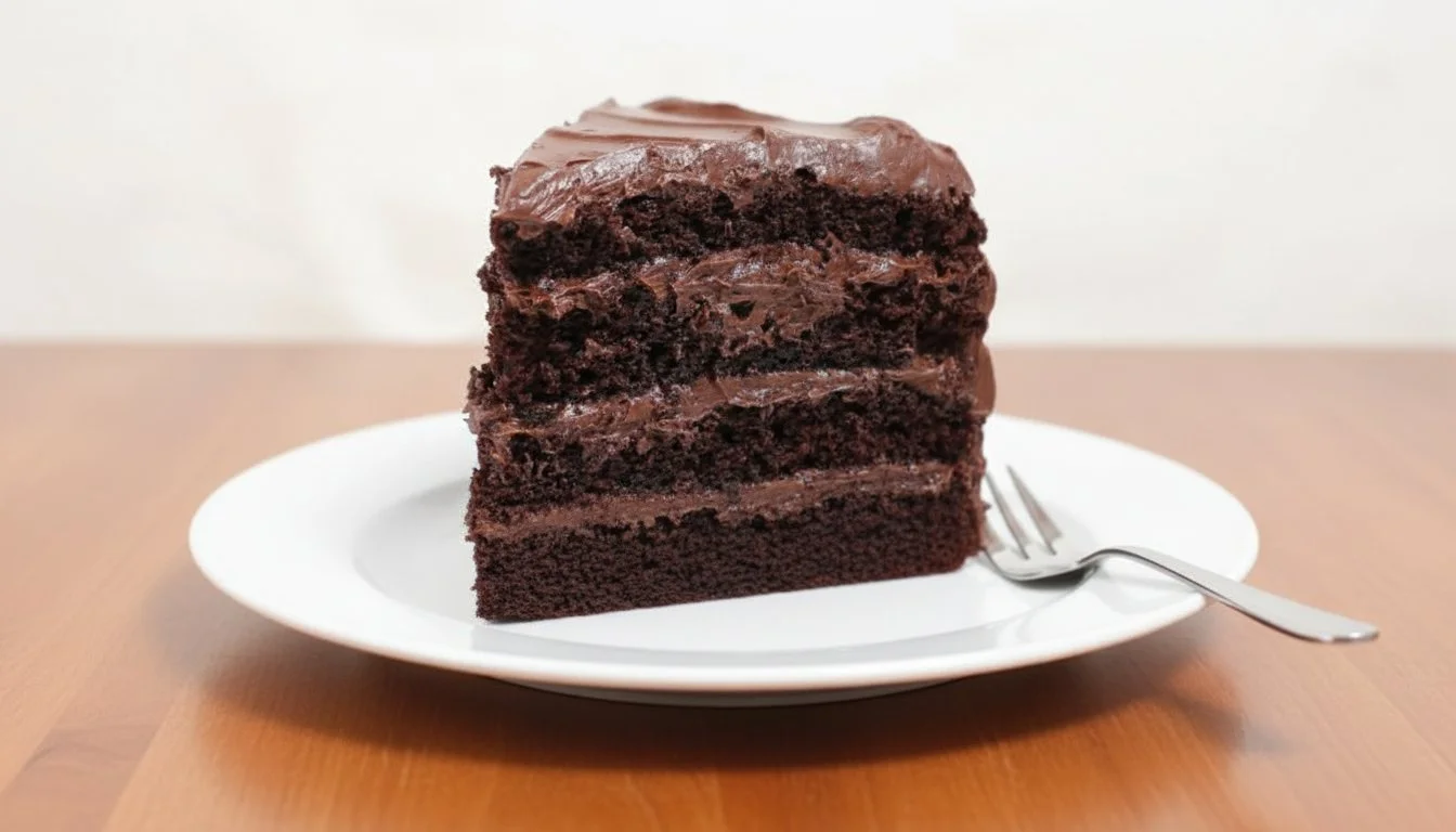 Delicious gluten-free chocolate cake served on a plate with chocolate frosting.