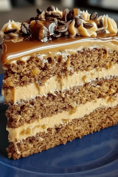 Gooey coffee caramel cake topped with creamy caramel sauce and coffee glaze