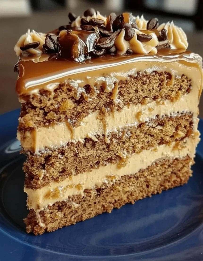Gooey coffee caramel cake topped with creamy caramel sauce and coffee glaze