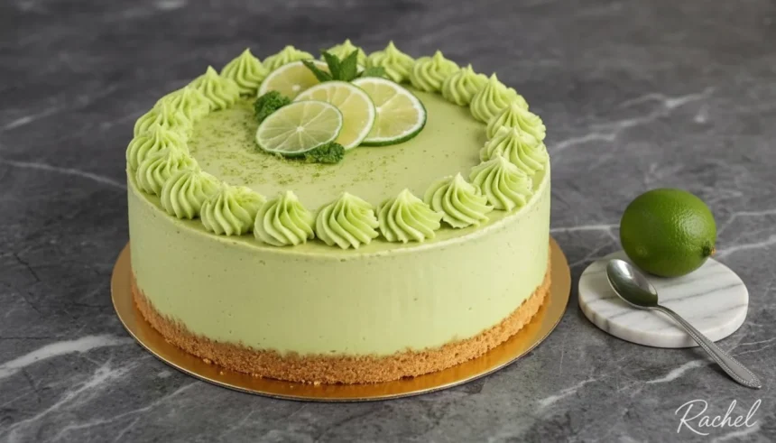 Delicious slice of Key Lime Cake with creamy frosting and key lime zest