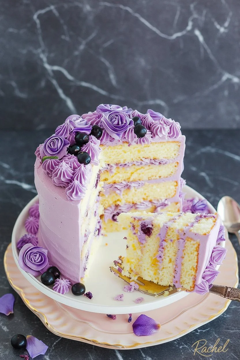Delicious Lavender Cake with floral decoration and slice on a plate
