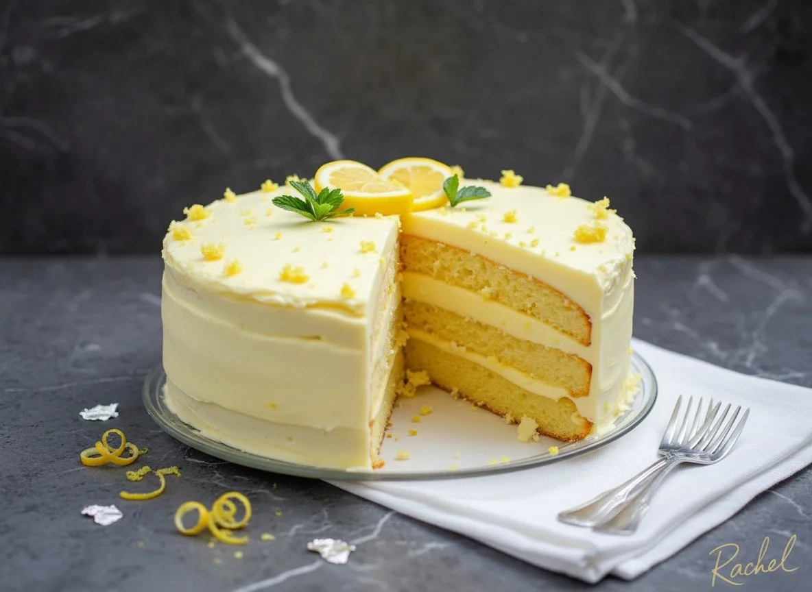 Limoncello Mascarpone Cake topped with fresh lemon zest and mascarpone icing