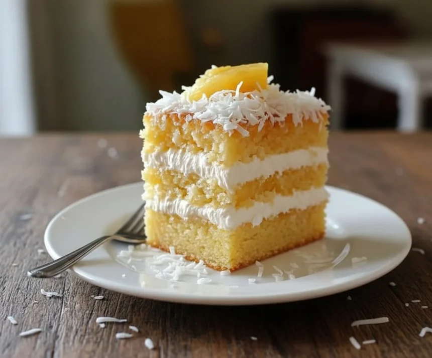 Slice of Pineapple Coconut Dream Cake topped with coconut flakes and pineapple slices