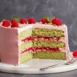 Slice of Raspberry Pistachio Cake with fresh raspberries and pistachios