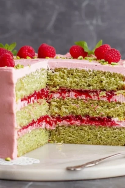 Slice of Raspberry Pistachio Cake with fresh raspberries and pistachios