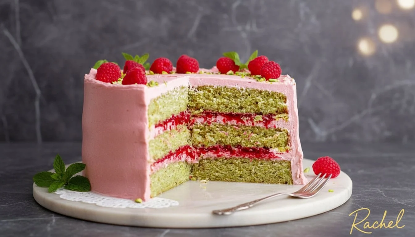 Slice of Raspberry Pistachio Cake with fresh raspberries and pistachios
