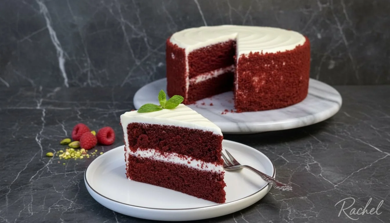 A delicious slice of Red Velvet Cake topped with cream cheese icing.