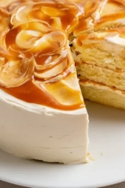 Delicious Salted Caramel Cake with layers and caramel drizzle