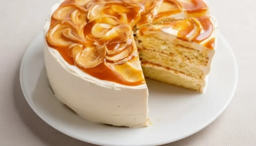 Delicious Salted Caramel Cake with layers and caramel drizzle