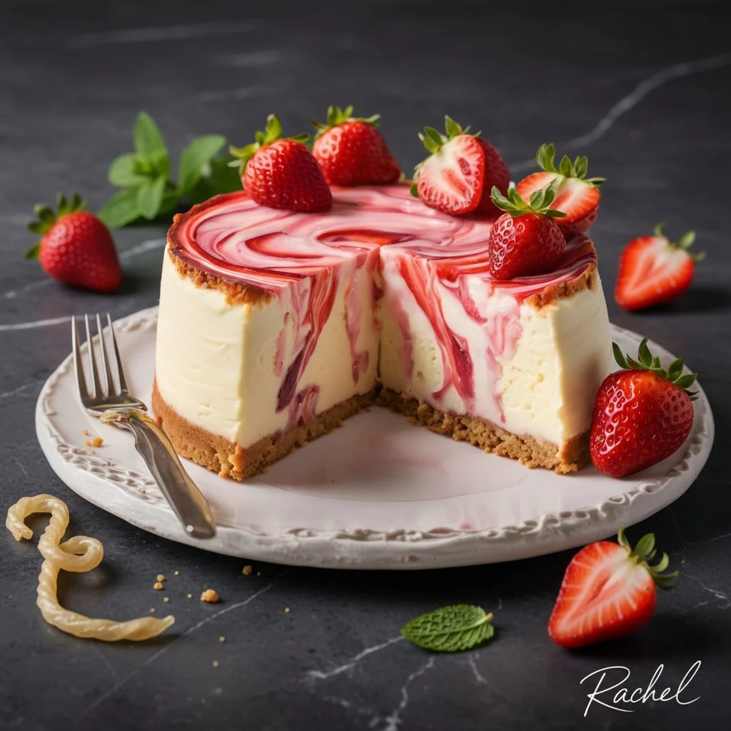 Delicious strawberry swirl cheesecake with vibrant strawberry topping