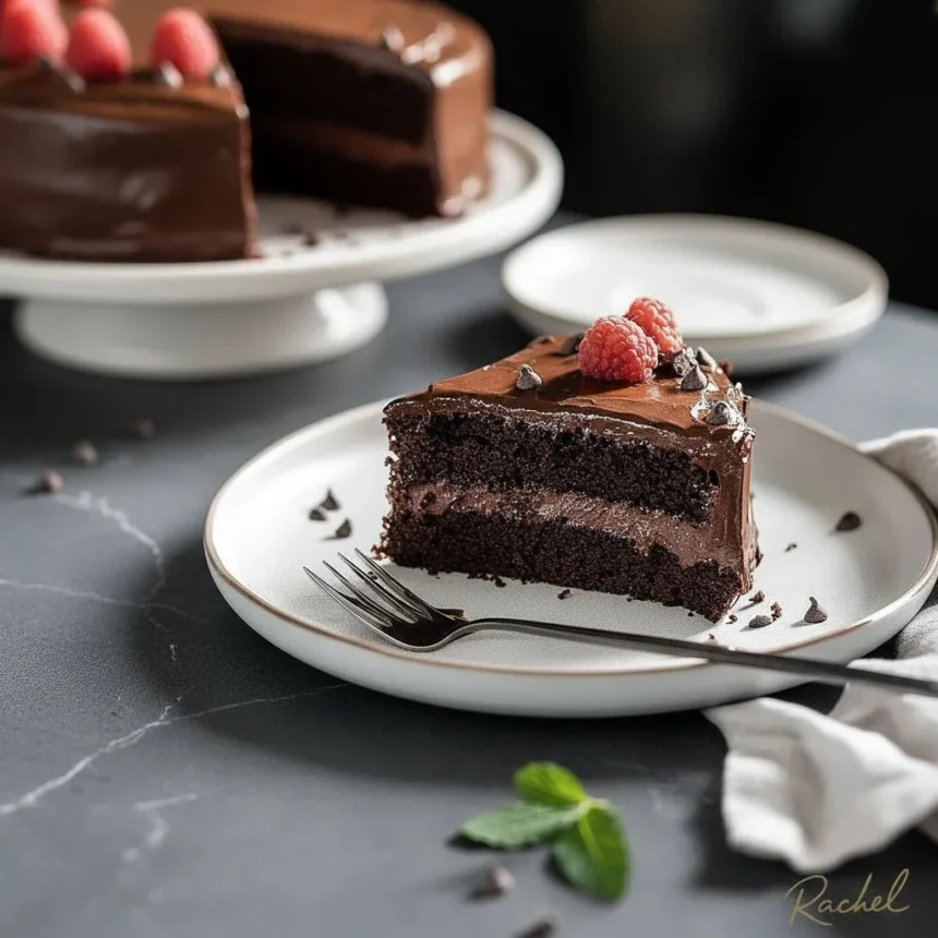 Ultimate chocolate cake topped with rich frosting and chocolate shavings