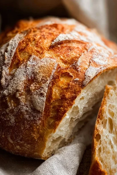 Freshly baked no-knead artisan bread loaf