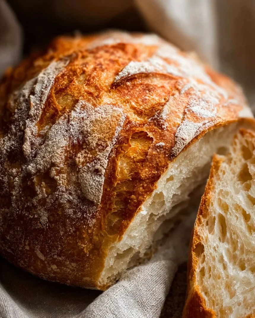Freshly baked no-knead artisan bread loaf
