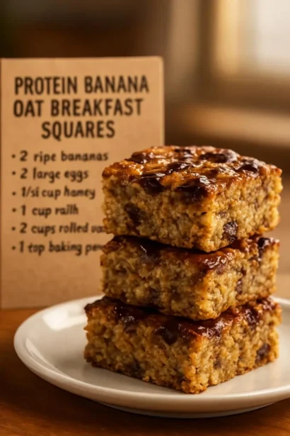 Healthy Banana Oat Breakfast Bars on a wooden table with fresh bananas