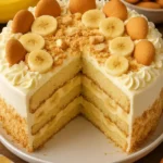 Slice of banana pudding cake topped with banana slices and whipped cream