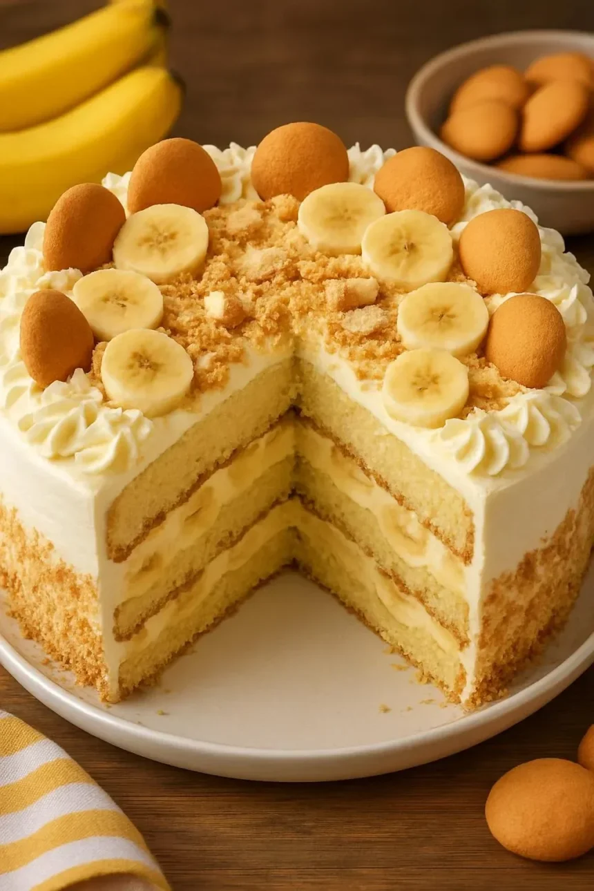 Slice of banana pudding cake topped with banana slices and whipped cream