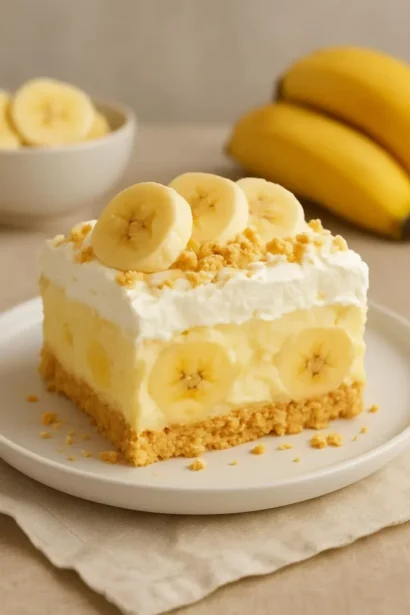 Homemade Banana Pudding Cake topped with whipped cream and banana slices.