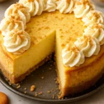 Slice of banana pudding cheesecake topped with whipped cream and banana slices