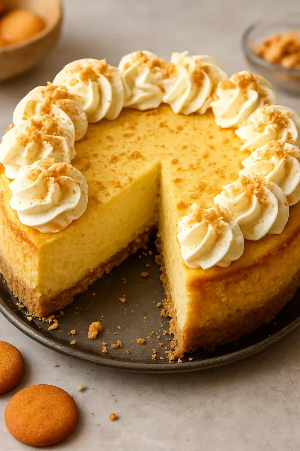 Slice of banana pudding cheesecake topped with whipped cream and banana slices