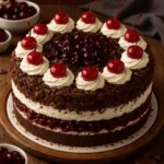 Delicious homemade Black Forest Cake layered with chocolate and cherries