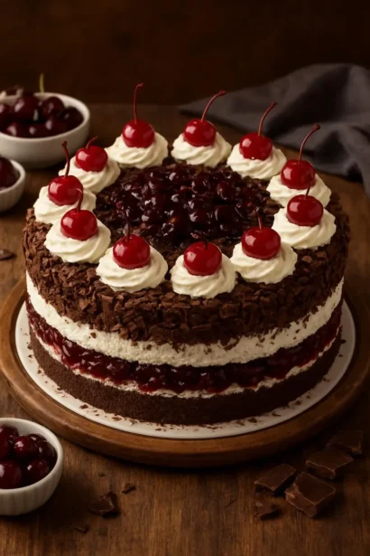 Delicious homemade Black Forest Cake layered with chocolate and cherries