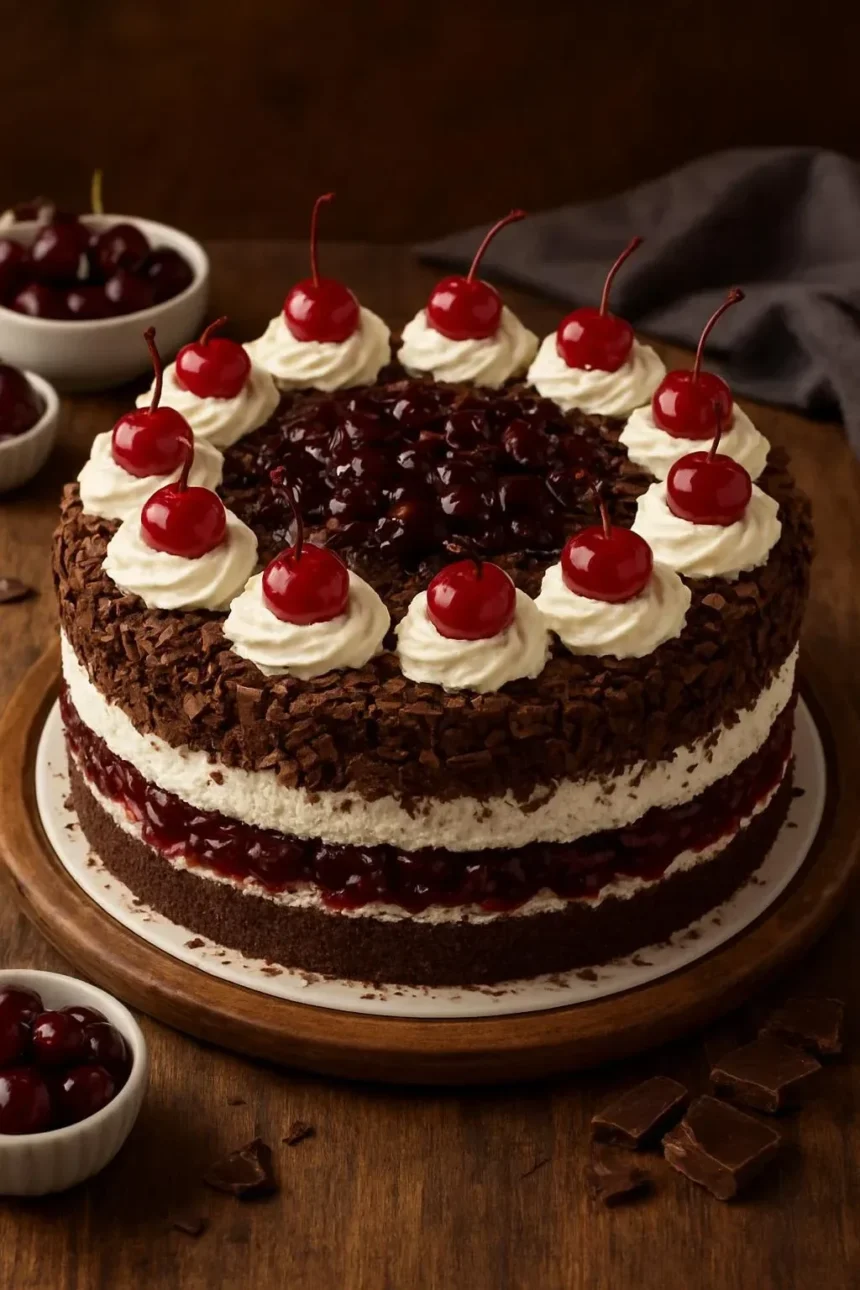 Delicious homemade Black Forest Cake layered with chocolate and cherries