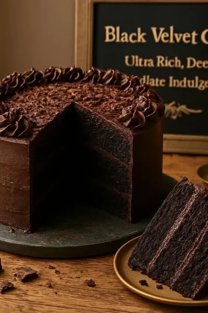 Decadent black velvet cake topped with rich chocolate frosting