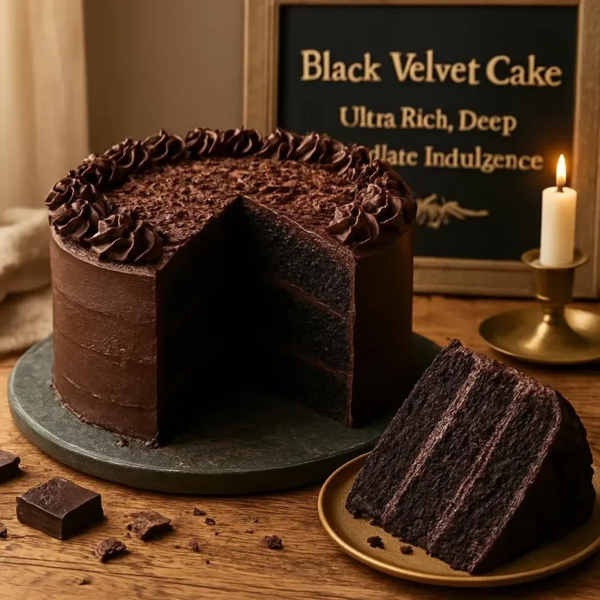 Decadent black velvet cake topped with rich chocolate frosting